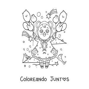Imagen para colorear de osita kawaii animada con vestido y globos