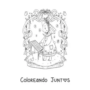 Imagen para colorear de conejita kawaii animada tocando el piano