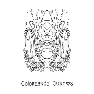 Imagen para colorear de león kawaii animado con cactus