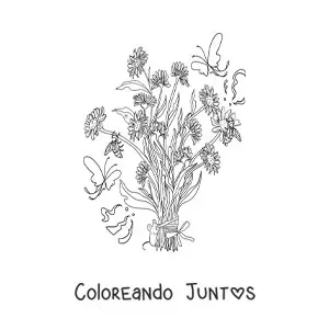Imagen para colorear de ramo de flores con ratón kawaii animado y mariposas