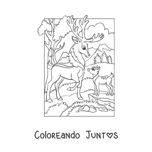Imagen para colorear de venados en el bosque