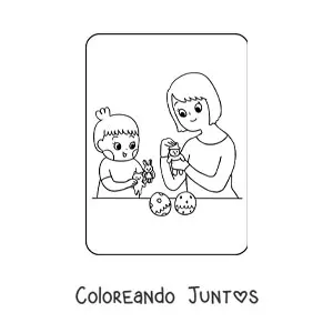 Imagen para colorear de niña kawaii jugando con muñecas con su mamá en el Día de las Madres