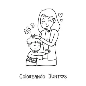 Imagen para colorear de niño kawaii abrazando a su mamá en el Día de las Madres