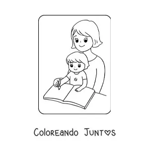 Imagen para colorear de niña kawaii haciendo tarea con su mamá en el Día de las Madres