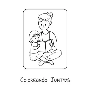 Imagen para colorear de niña kawaii leyendo con su mamá en el Día de las Madres