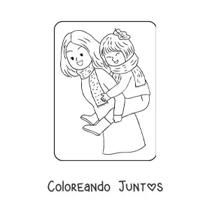 Imagen para colorear de mamá kawaii cargando a su hija