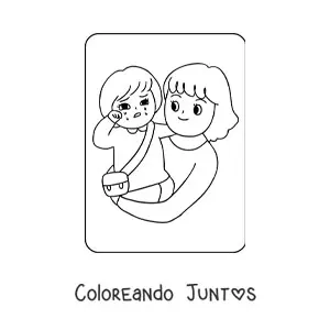 Imagen para colorear de niña kawaii llorando en brazos de su mamá