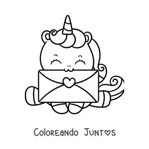 Imagen para colorear de unicornio kawaii con carta de San Valentín