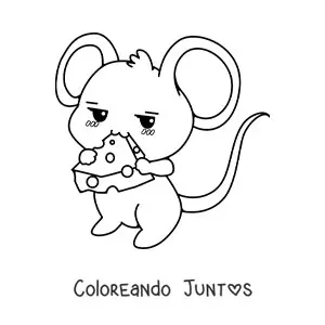 Imagen para colorear de ratón animado kawaii comiendo queso
