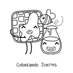 Imagen para colorear de waffle animado kawaii con frasco de miel y abeja