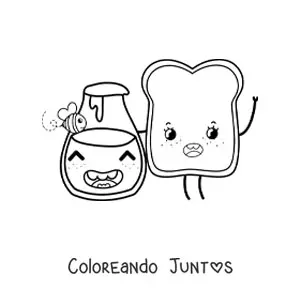 Imagen para colorear de tostada animada kawaii con frasco de miel y abeja