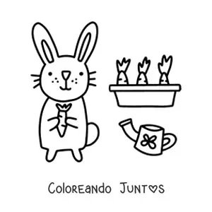 Imagen para colorear de conejo kawaii con huerto de zanahorias