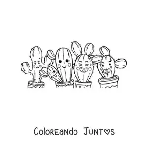 Imagen para colorear de tiernos cactus animados juntos