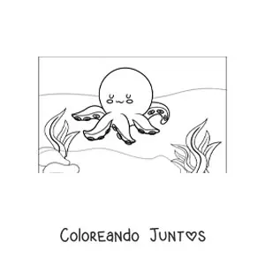 Imagen para colorear de pulpo kawaii con algas en el mar