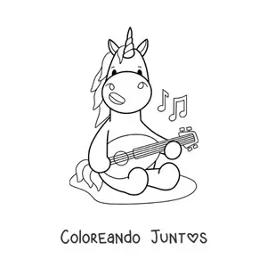 Imagen para colorear de unicornio kawaii tocando un laúd