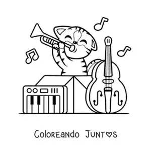 Imagen para colorear de gato kawaii animado tocando instrumentos musicales