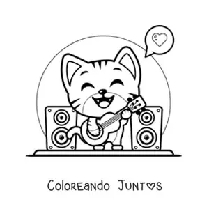 Imagen para colorear de gato kawaii tocando guitarra en un concierto