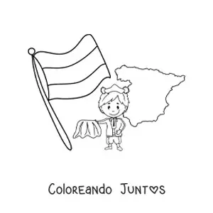 Imagen para colorear de bandera de España sin escudo con torero kawaii y mapa
