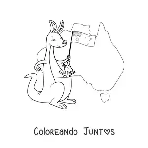 Imagen para colorear de canguros kawaii con bandera de Australia y mapa