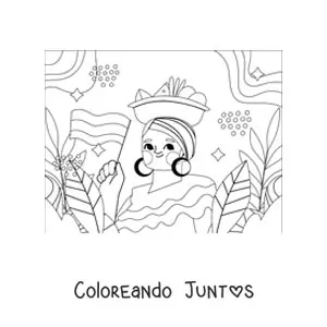 Imagen para colorear de mujer con bandera de Colombia
