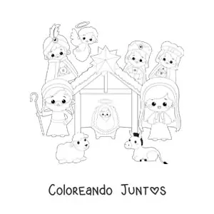 Imagen para colorear de pesebre navideño kawaii con los reyes magos