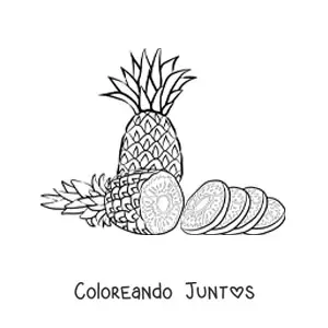 Imagen para colorear de una piña rebanada en trozos y otra piña detrás