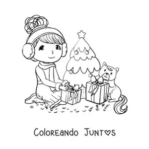 Imagen para colorear de niña con gato kawaii abriendo regalos en Navidad