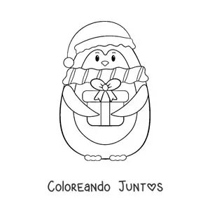 Imagen para colorear de pingüino con regalo de Navidad