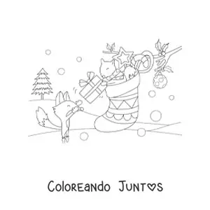 Imagen para colorear de ardilla y zorro kawaii con calcetín navideño
