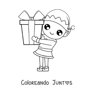 Imagen para colorear de elfo de Navidad con regalo