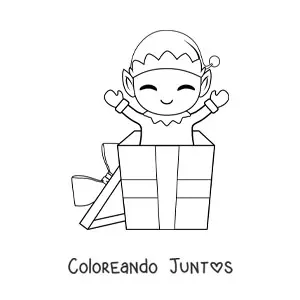 Imagen para colorear de elfo de Navidad en un regalo