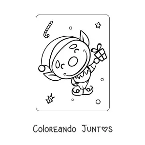 Imagen para colorear de elfo de Navidad animado con regalo