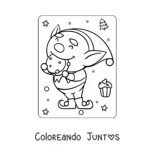 Imagen para colorear de elfo de Navidad animado comiendo una galleta