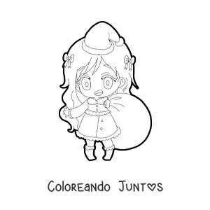 Imagen para colorear de niña kawaii con ropa navideña y saco de regalos estilo anime