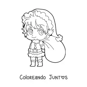 Imagen para colorear de niño kawaii con ropa navideña y saco de regalos estilo anime