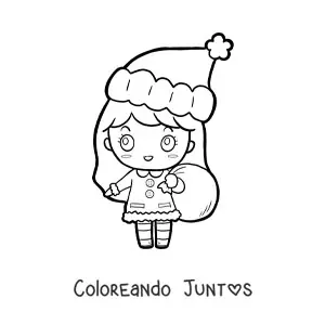 Imagen para colorear de niña kawaii con gorro de Navidad y saco de regalos