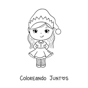 Imagen para colorear de niña kawaii con vestido de Navidad