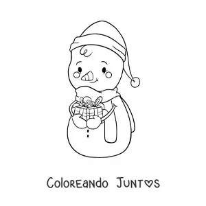 Imagen para colorear de muñeco de nieve kawaii con regalos