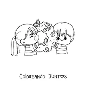 Imagen para colorear de pareja kawaii con corona de Navidad