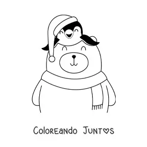 Imagen para colorear de oso con pingüino y gorro de Navidad