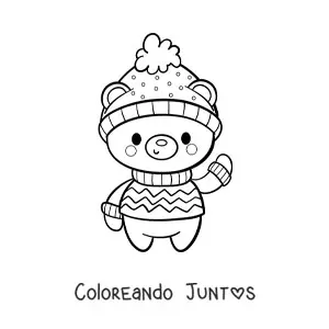 Imagen para colorear de oso de Navidad kawaii con suéter y gorro