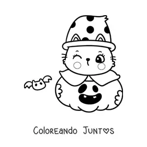 Imagen para colorear de gatito kawaii con murciélago en una calabaza de Halloween