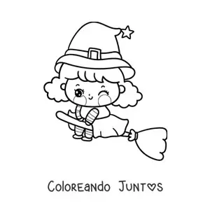 Imagen para colorear de brujita kawaii volando