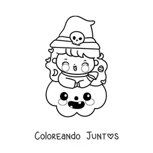 Imagen para colorear de brujita kawaii en una calabaza de Halloween
