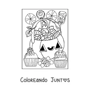 Imagen para colorear de calabaza de Halloween kawaii con dulces
