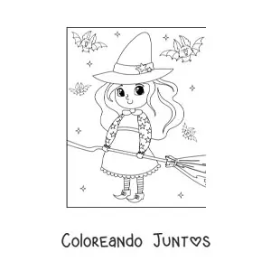 Imagen para colorear de brujita kawaii con escoba y murciélagos