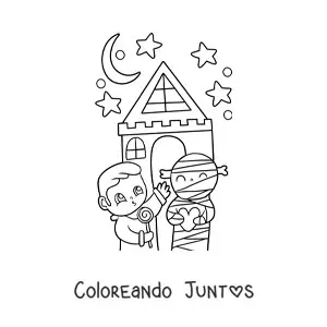Imagen para colorear de casa encantada kawaii con niño y momia
