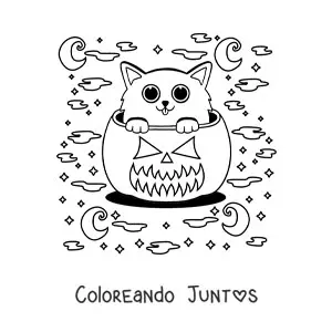 Imagen para colorear de gato kawaii en calabaza de Halloween