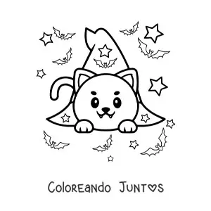 Imagen para colorear de gato kawaii en sombrero de bruja