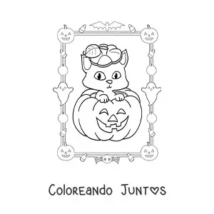 Imagen para colorear de calabaza de Halloween con gatito